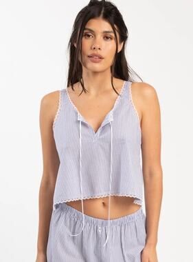 Andine Vivi Provence Stripe Blue White Sleeveless Split V-neck Crop Tank Top S
